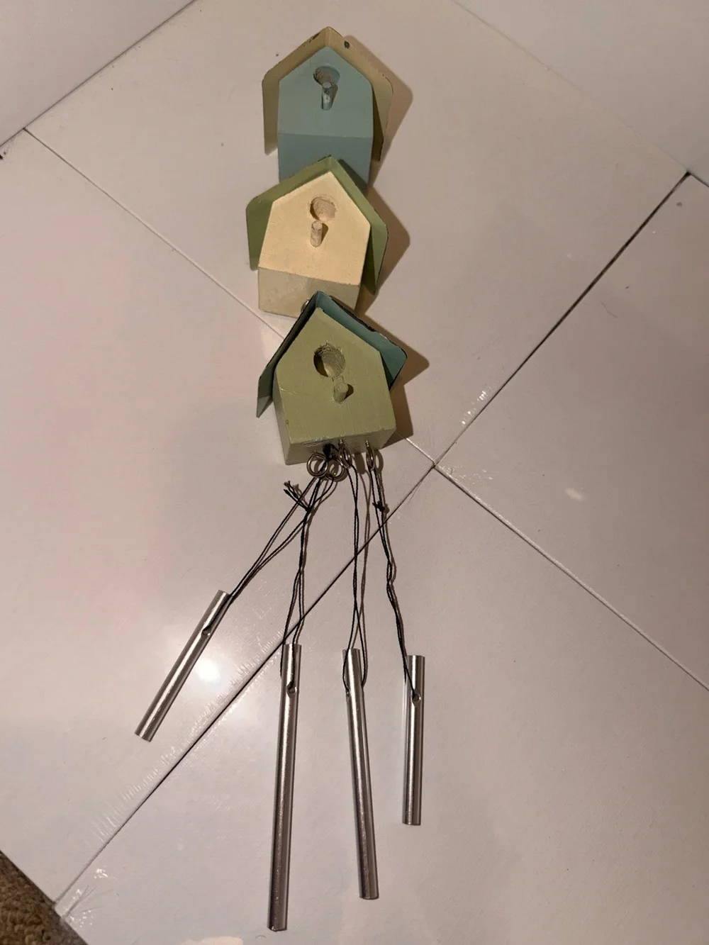 Trio of Rustic Pastel Birdhouse Wind Chimes.  Multi Colored Green/Blue/Yellow